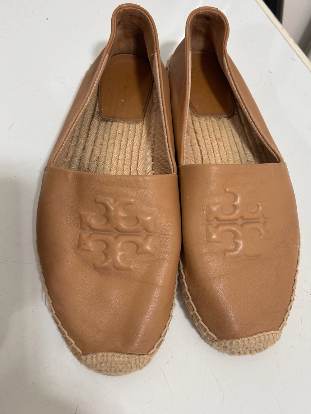 Tory Burch Caramel Leather Espadrille Flats with Embossed Logo